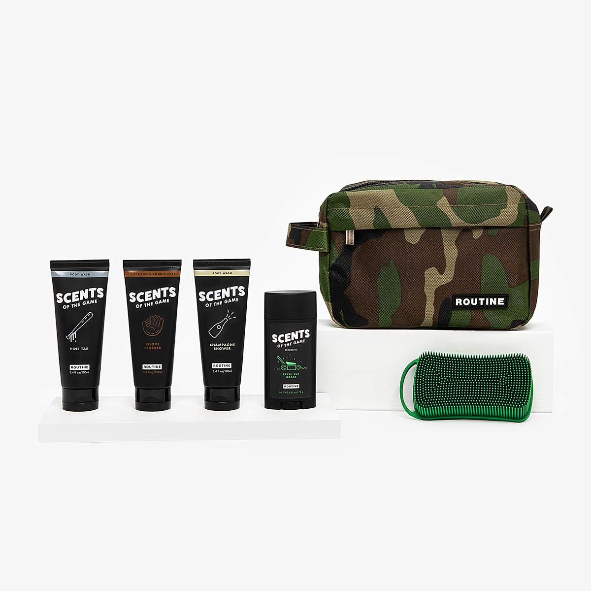 A collection of body care products inspired by iconic scents of the game, exclusively available in partnership with Routine Baseball. The first in our line of products is the baseball-inspired 5-Tool Kit. Featuring two scents of body wash, shampoo & conditioner, deodorant, and a turf body scrubber, all packed in a travel bag to take with you on your next on-the-road ballgame.
